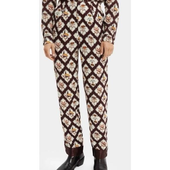 Scotch & Soda Sun Ray Satin Burgundy Floral Print Pleated Straight Leg Pants, S - Picture 1 of 16